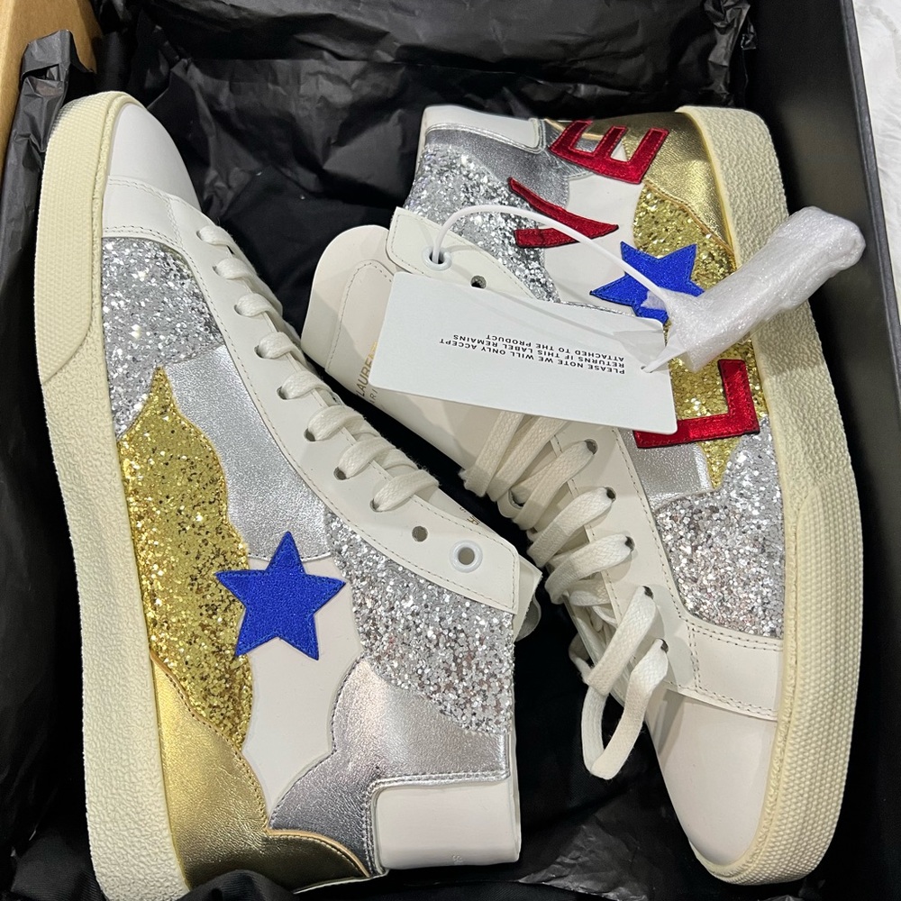 Saint Laurent “Love” Gold & Silver Glitter Leather Hi-Top Sneakers, Size EU39 - Picture 3 of 3